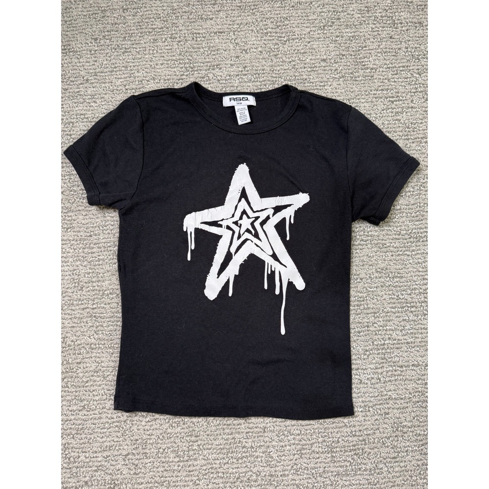 RSQ Women Black Dripping Star Graphic Baby Tee Y2K Streetwear Grunge Shirt Large